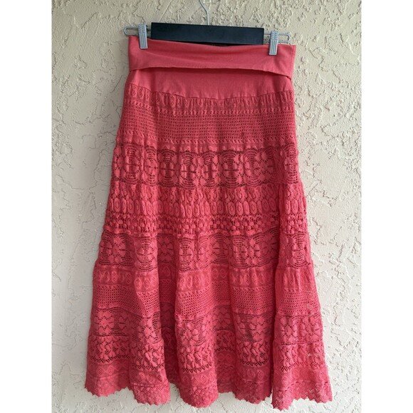 Vintage Now & Then Women’s M Skirt Orange Crochet Lined Bohemian Tiered Cowgirl - Picture 1 of 8